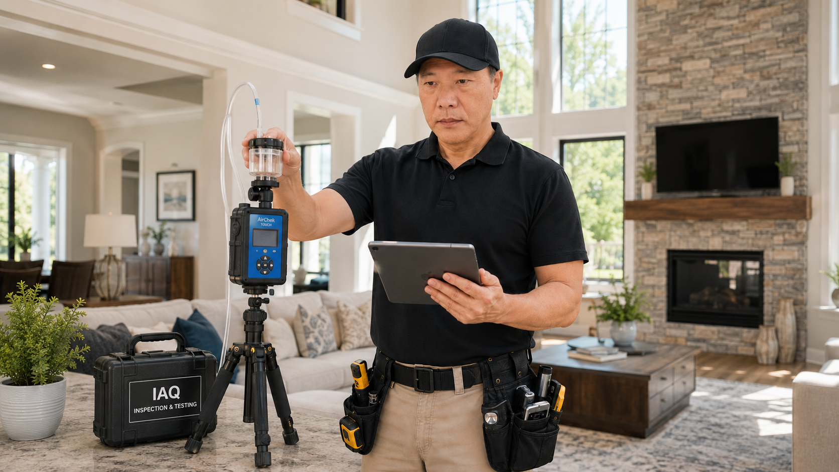 Indoor air quality sampling equipment in a home.