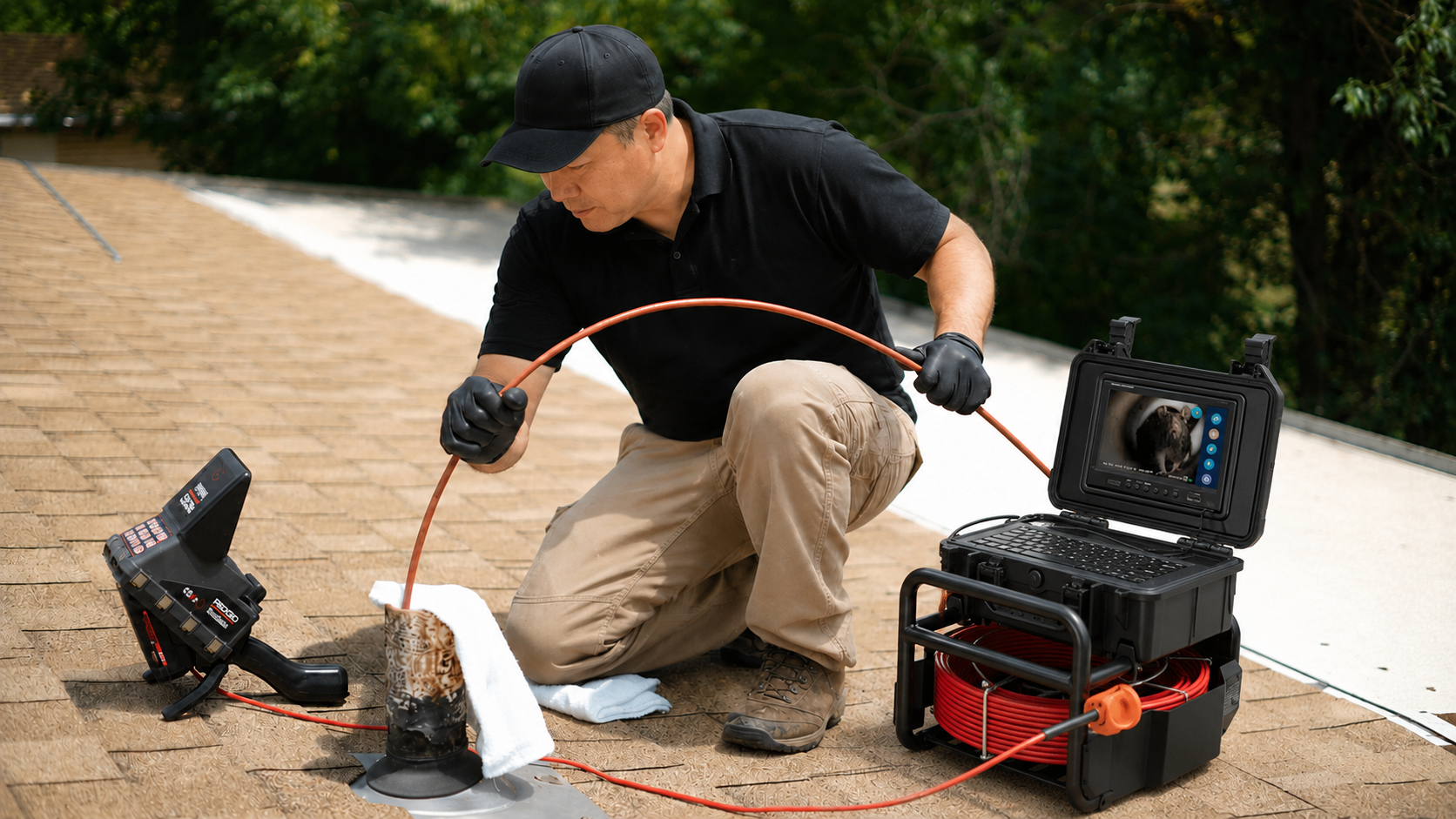 Sewer camera equipment and line inspection setup.