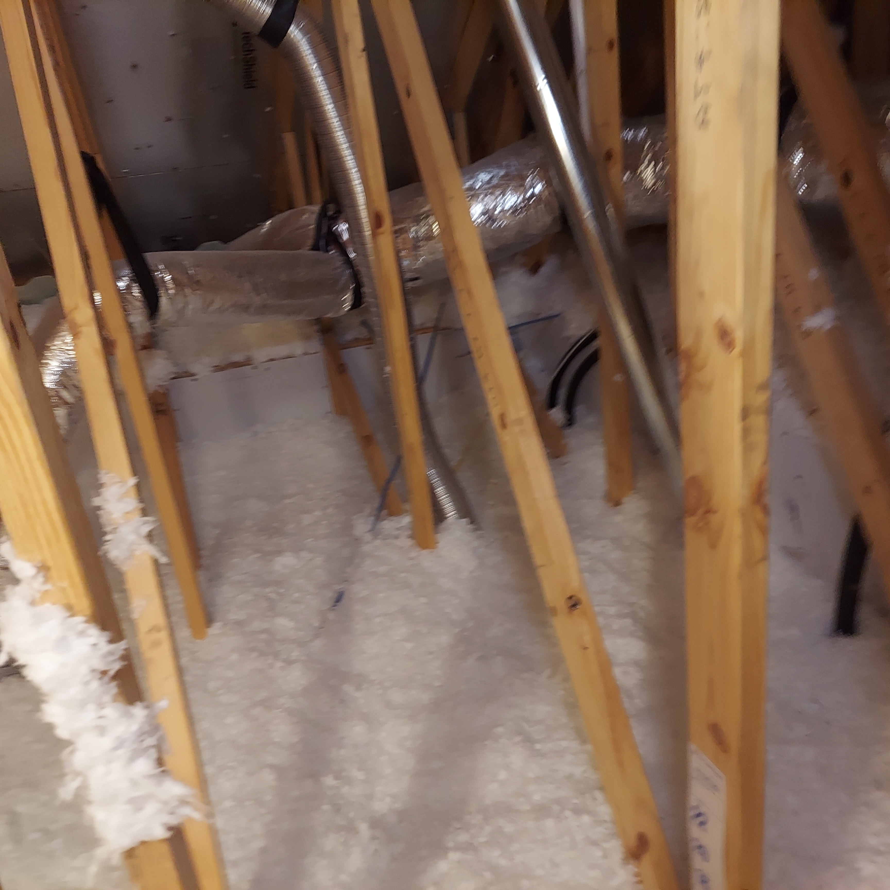 Attic access area with framing, insulation, and ductwork.